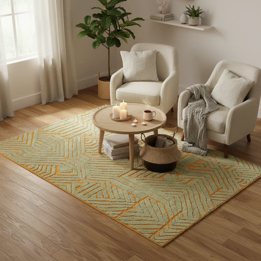 Sage green and orange sculpted wool rug styled in a cozy reading corner with armchairs.