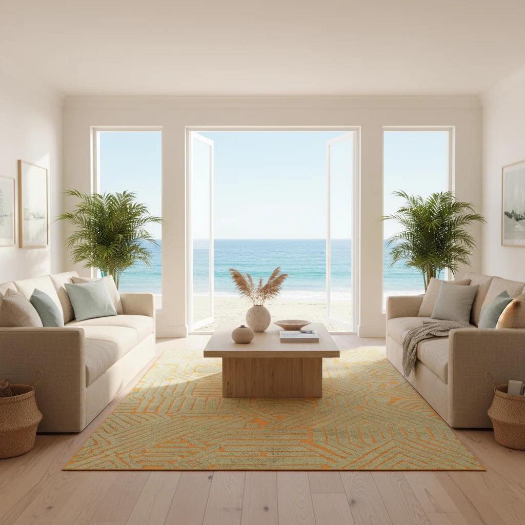 Sage green and orange sculpted wool rug styled in a coastal living room with sea views.