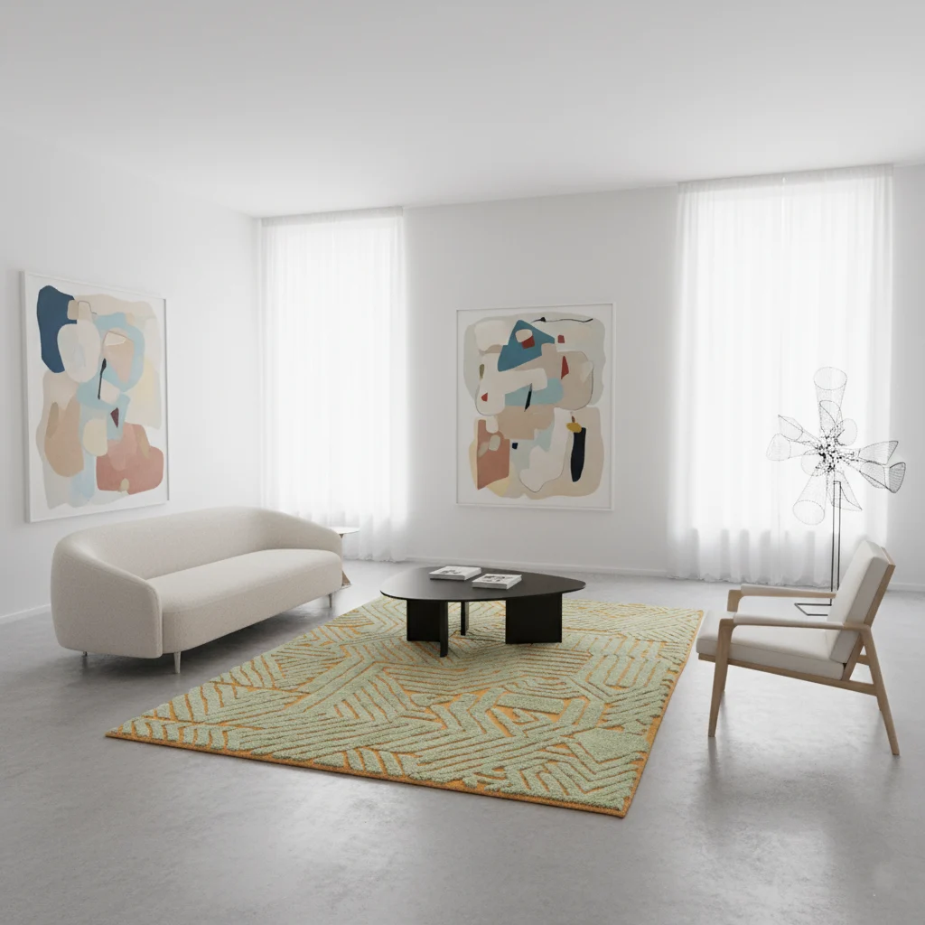 Sage green and orange sculpted wool rug styled in a minimalist gallery-style room.
