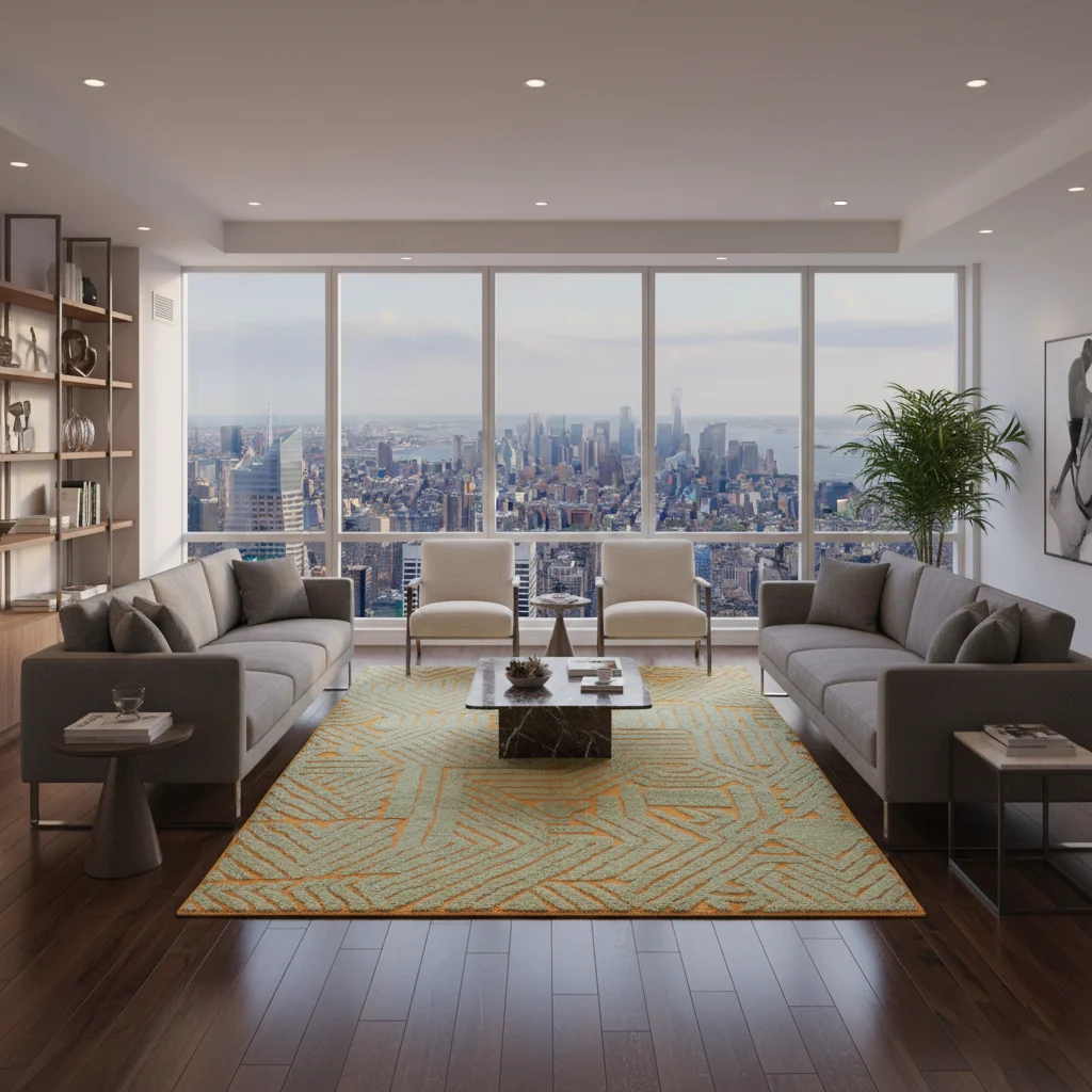 Sage green and orange sculpted wool rug styled in a modern apartment living room with city views.