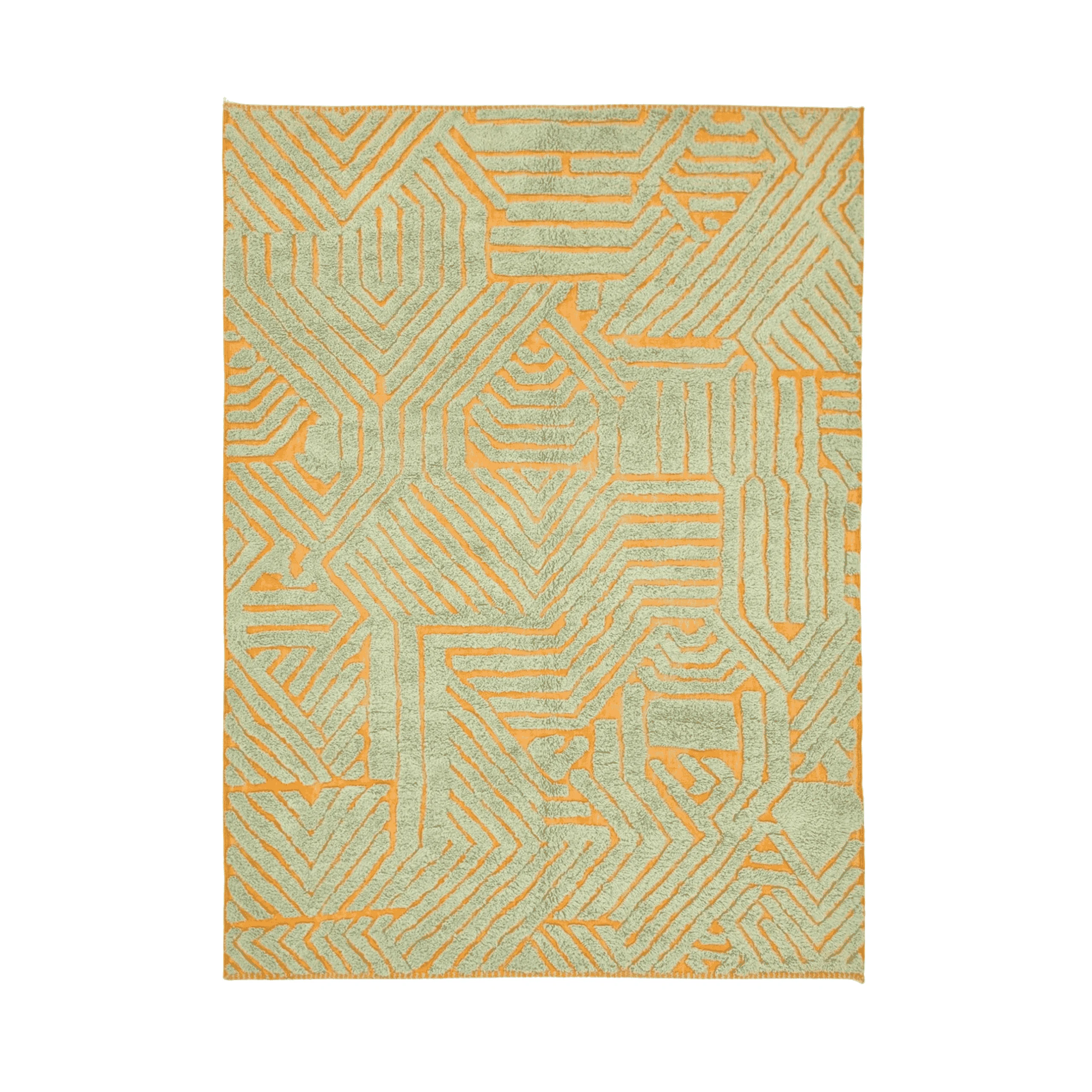 Full view of a sage green and golden orange Moroccan wool rug with an abstract geometric pattern and no fringe.