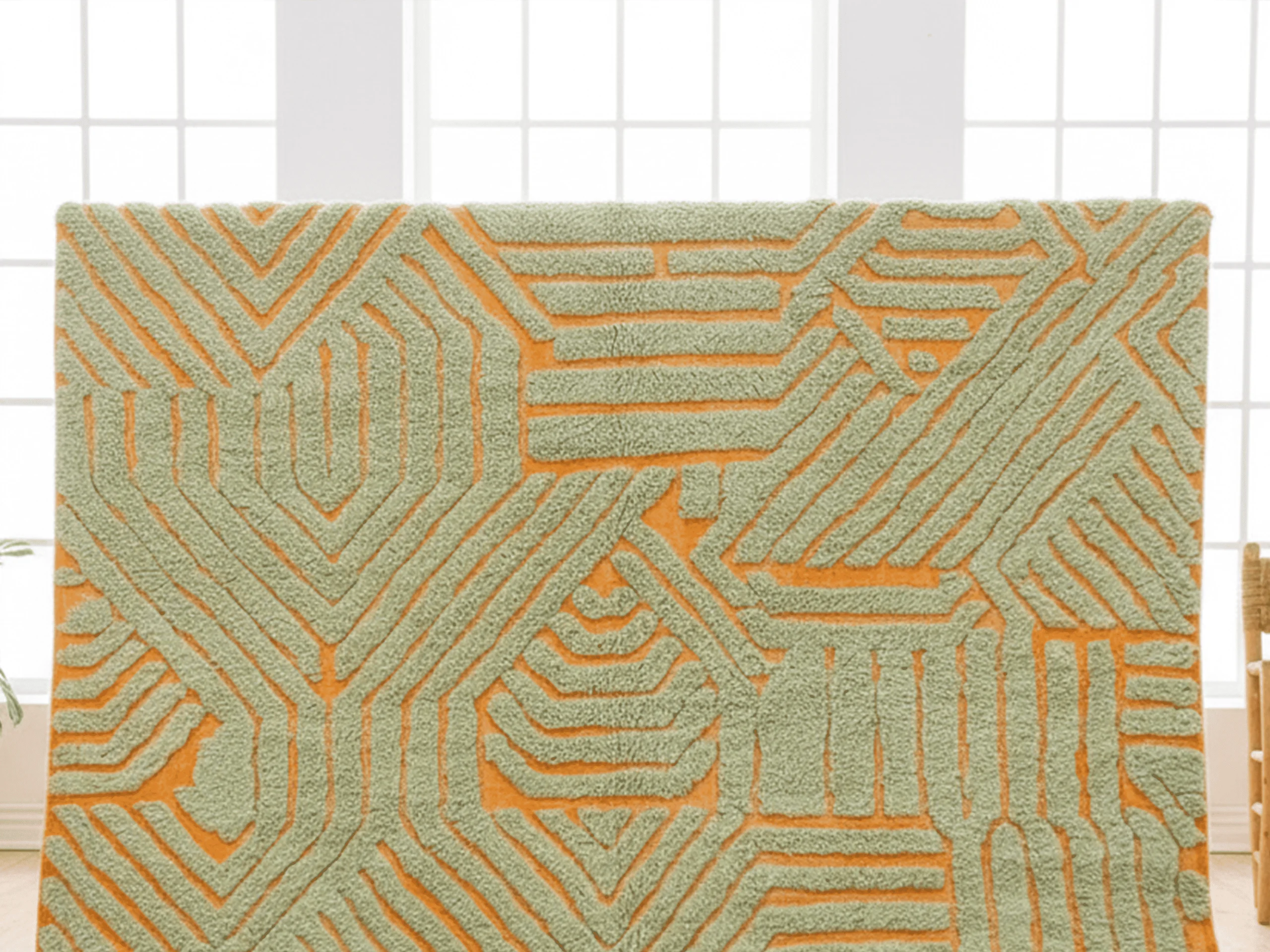 Sage green and golden orange wool rug hung upright, showing raised geometric shapes across its surface.