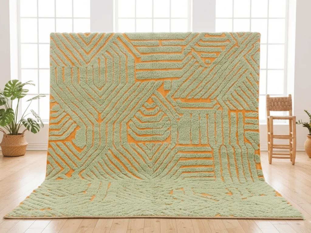 Sage green and orange sculpted Moroccan wool rug displayed upright in a bright room with plants.