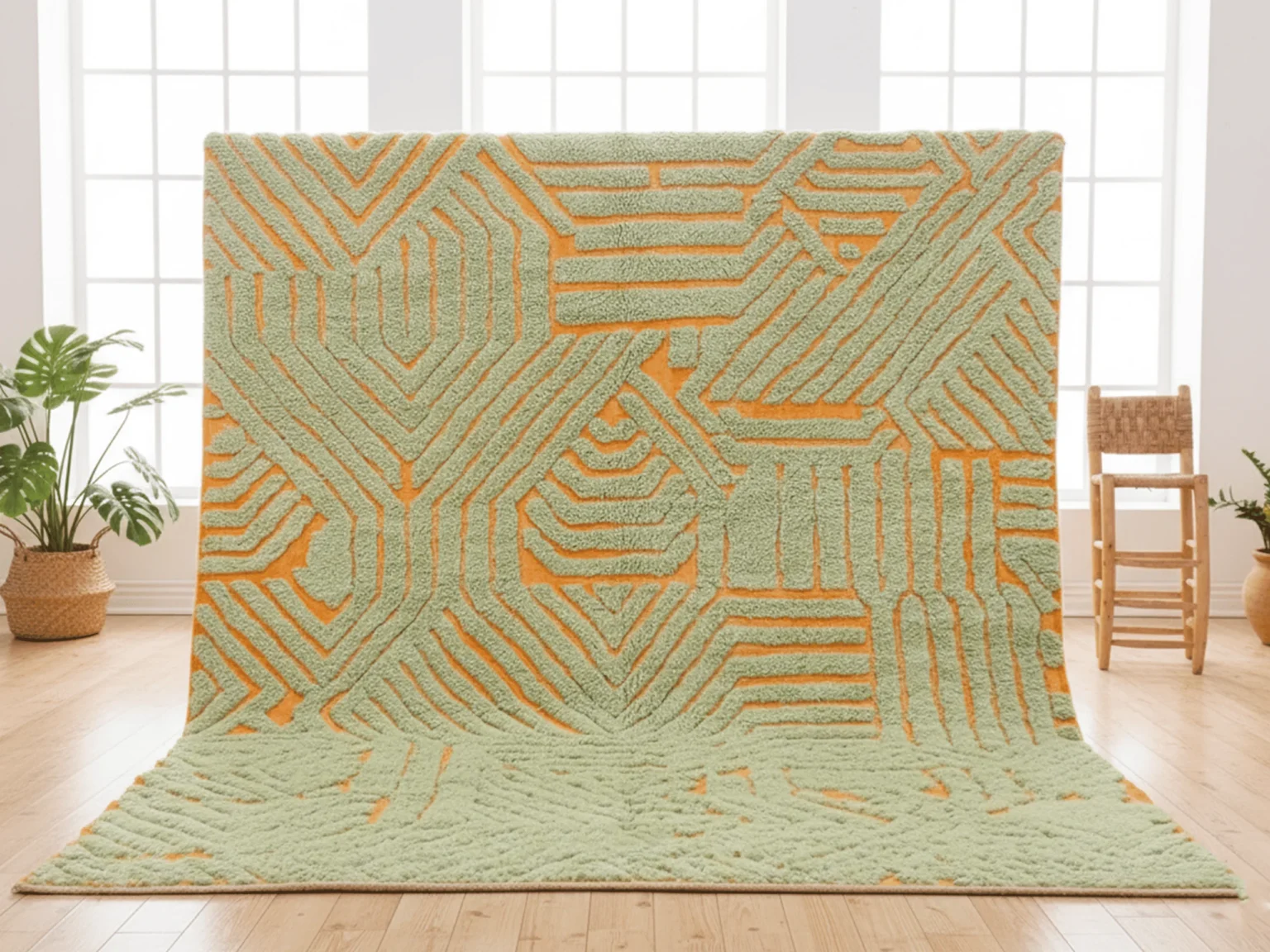 Sage green and orange sculpted Moroccan wool rug displayed upright in a bright room with plants.
