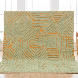 Sage Green & Orange Moroccan Wool Rug – Sculpted Geometric