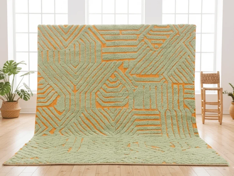 Sage green and orange sculpted Moroccan wool rug displayed upright in a bright room with plants.