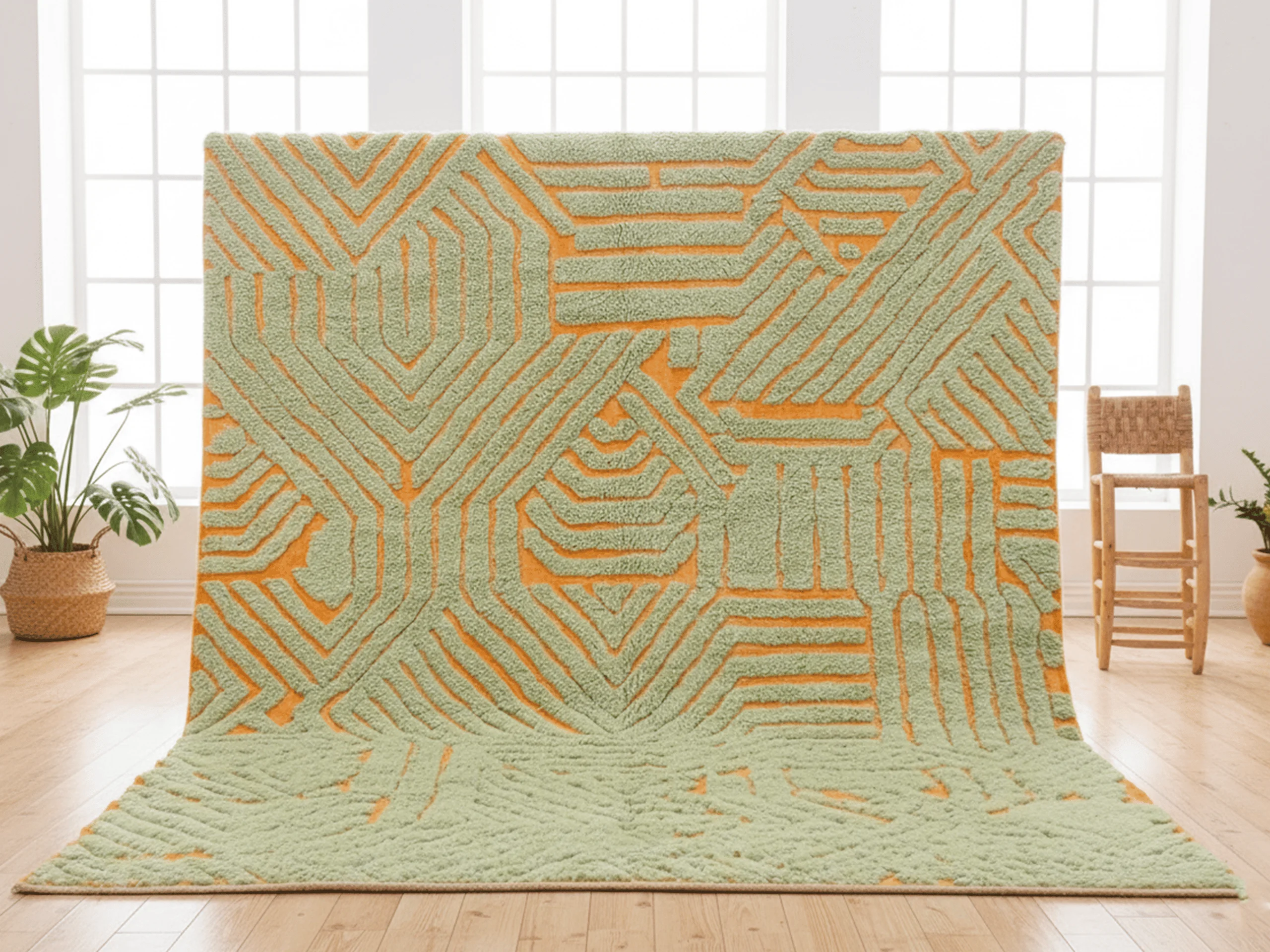 Sage green and orange sculpted Moroccan wool rug displayed upright in a bright room with plants.