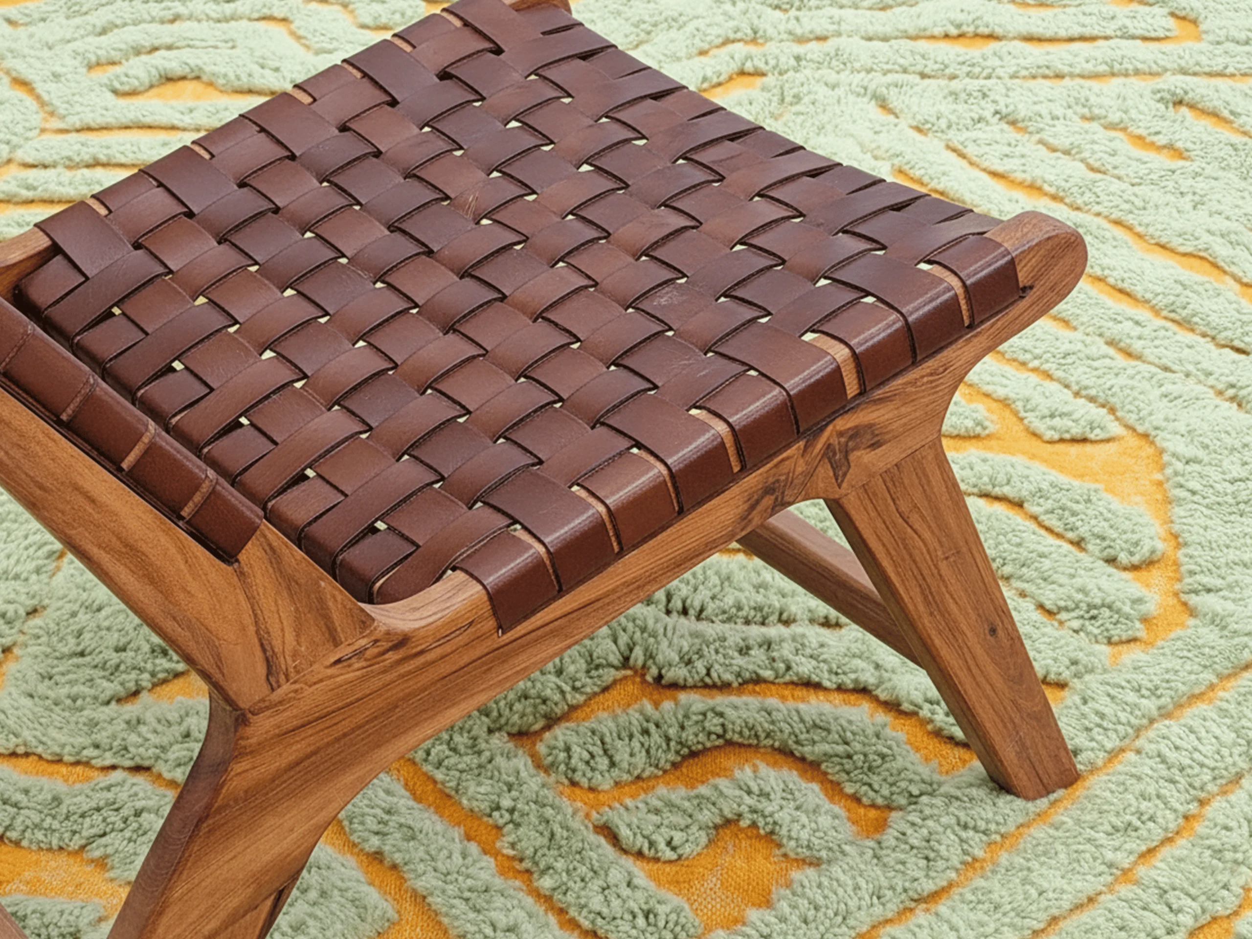 Woven leather stool on a sage green and orange sculpted Moroccan wool rug.