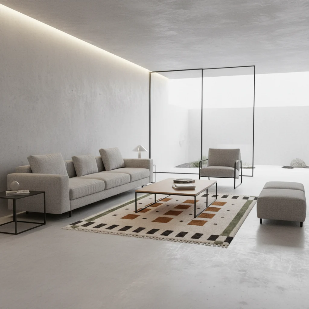 Ivory, brown and olive grid wool rug styled in a minimalist concrete living room.
