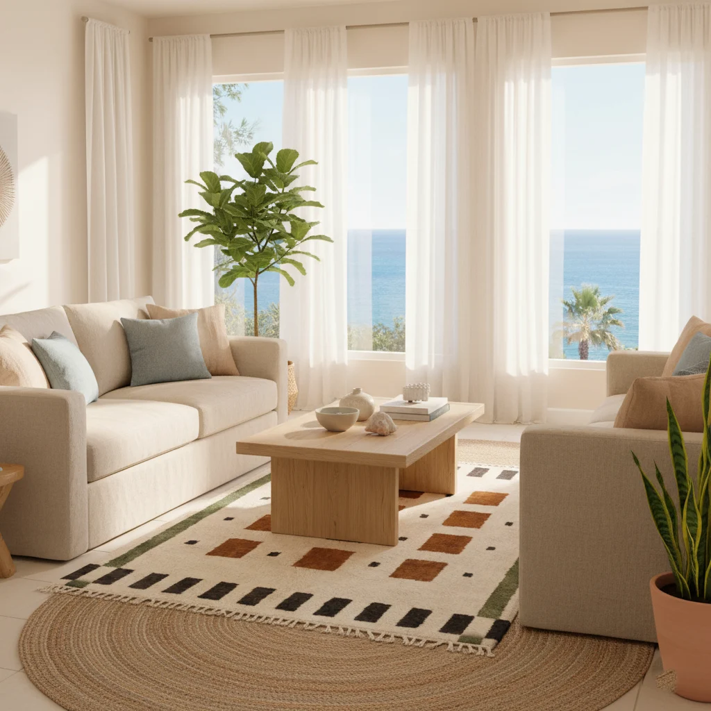 Ivory, brown and olive grid wool rug styled in a bright coastal living room.