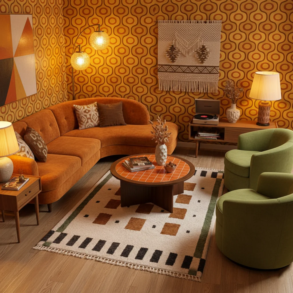 Ivory, brown and olive grid wool rug styled in a retro living room with orange and green seating.
