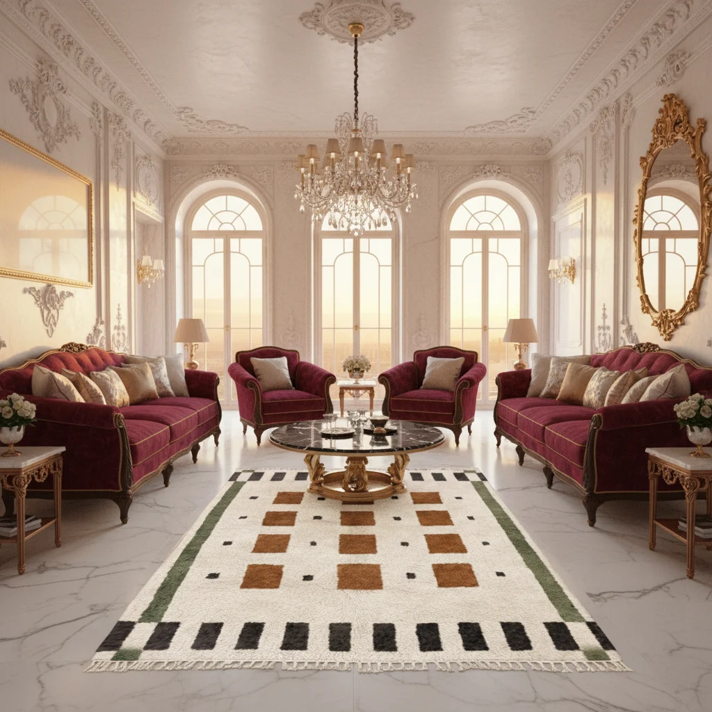 Ivory, brown and olive grid wool rug styled in a grand living room with burgundy sofas.