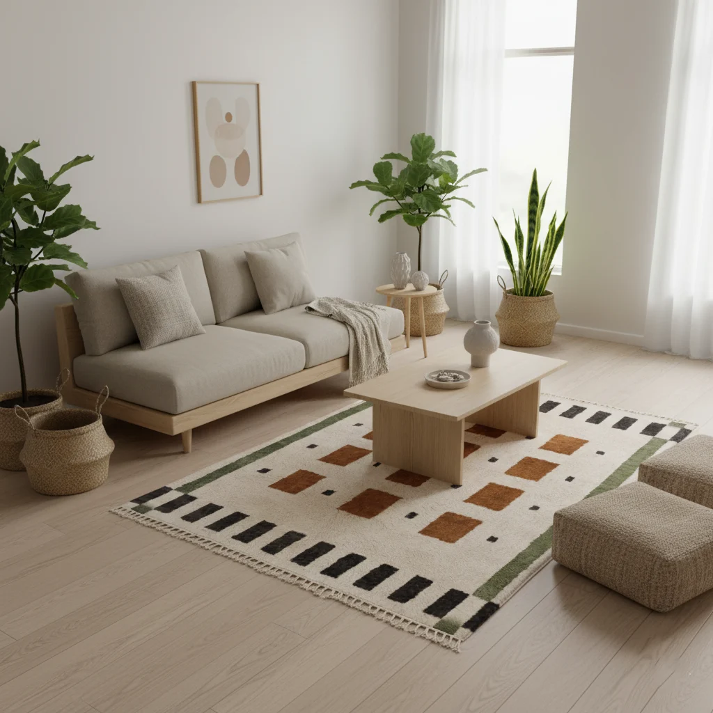 Ivory, brown and olive grid wool rug styled in a neutral living room with plants.