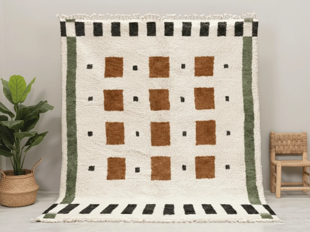 Beni Ourain Style Wool Rug – Ivory, Brown & Olive Grid