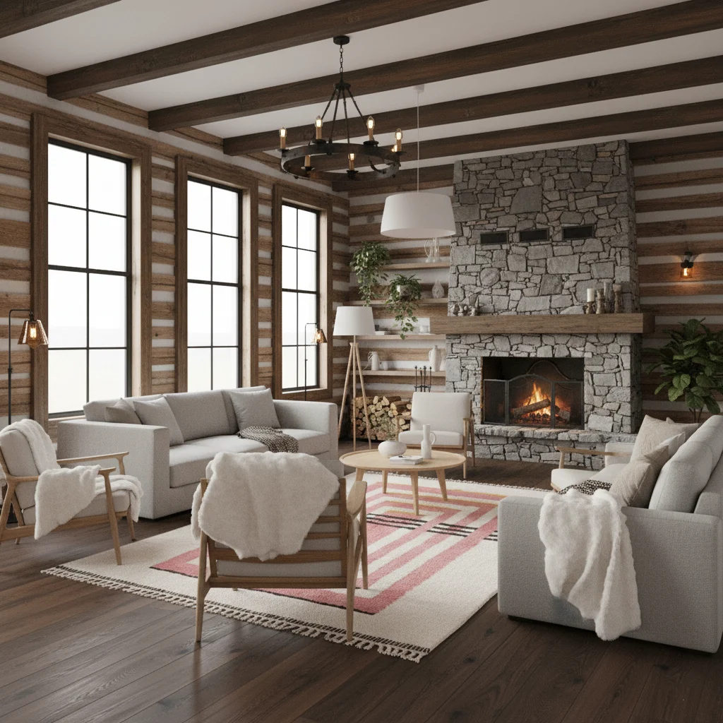 Pink and ivory nested-rectangle wool rug styled in a rustic lodge living room with a stone fireplace.