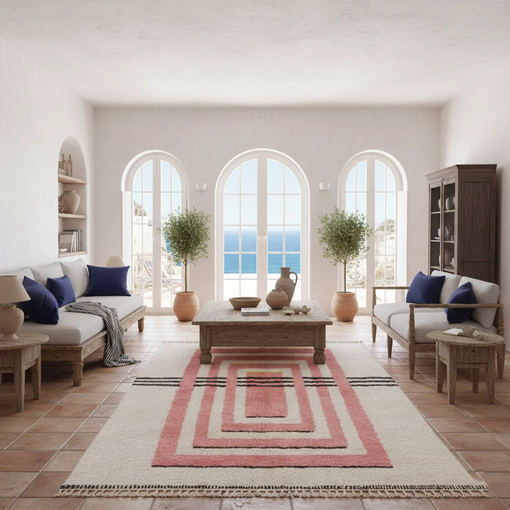 Pink and ivory nested-rectangle wool rug styled in a Mediterranean living room with arched windows.