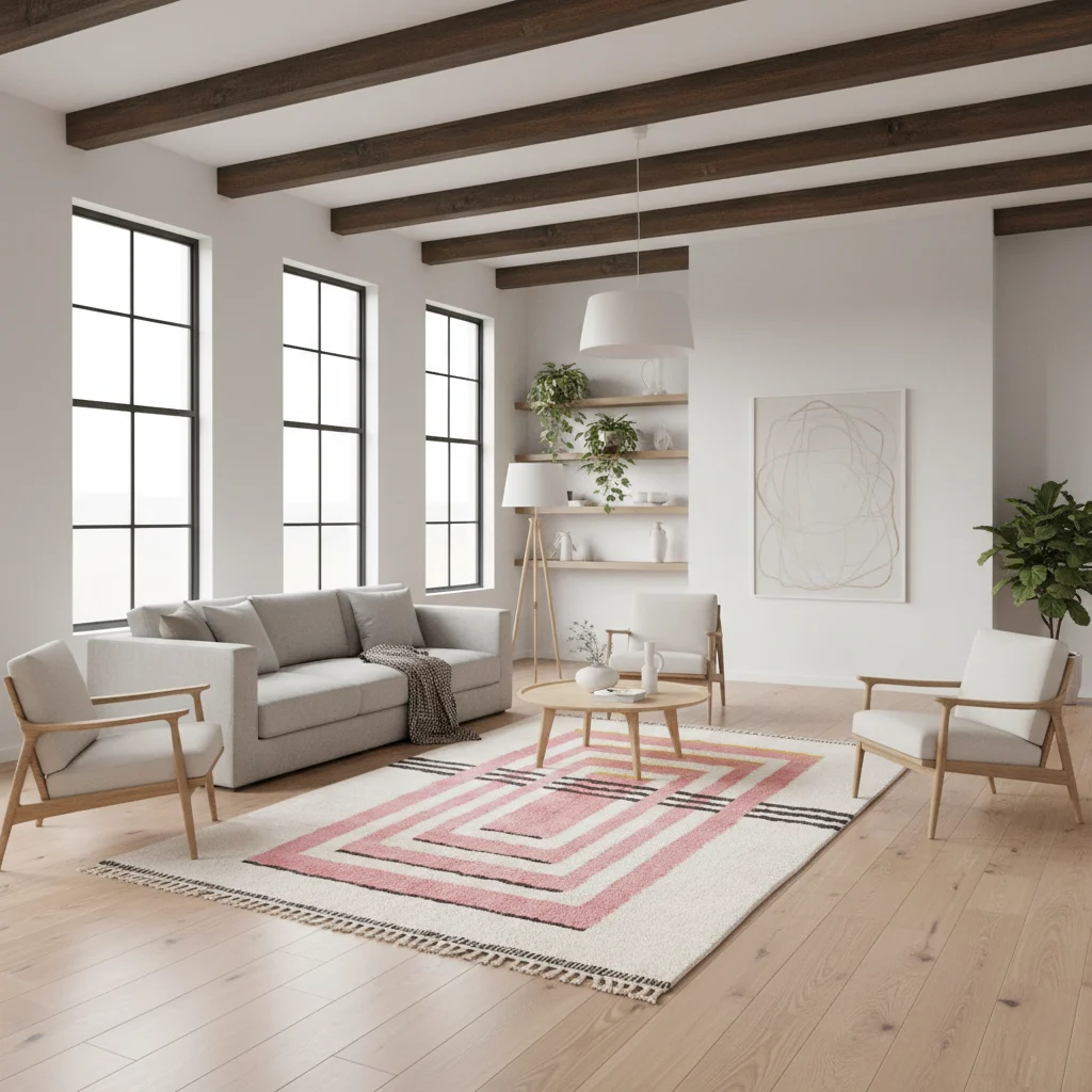 Pink and ivory nested-rectangle wool rug styled in a bright loft living room.