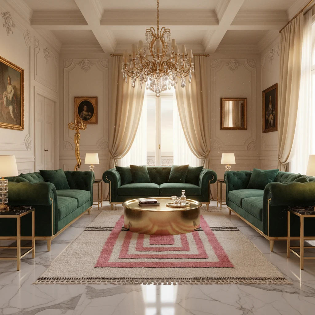 Pink and ivory nested-rectangle wool rug styled in a formal living room with green velvet sofas.