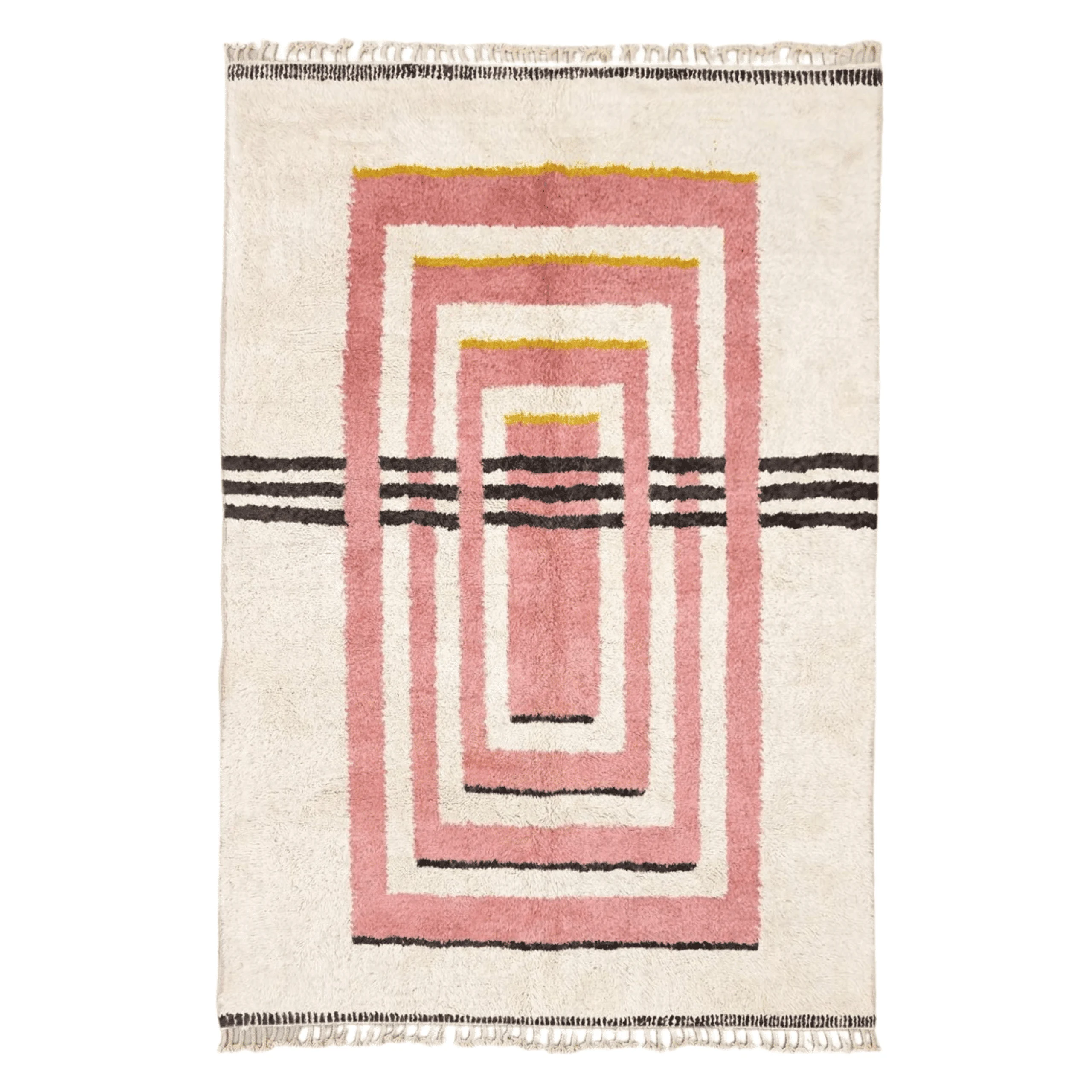 Full view of a pink and ivory Moroccan wool rug with nested rectangles, three black stripes, mustard accents and fringe.