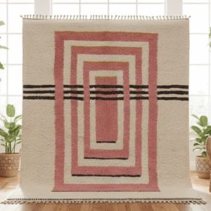 Pink & Ivory Moroccan Wool Rug – Nested Rectangles