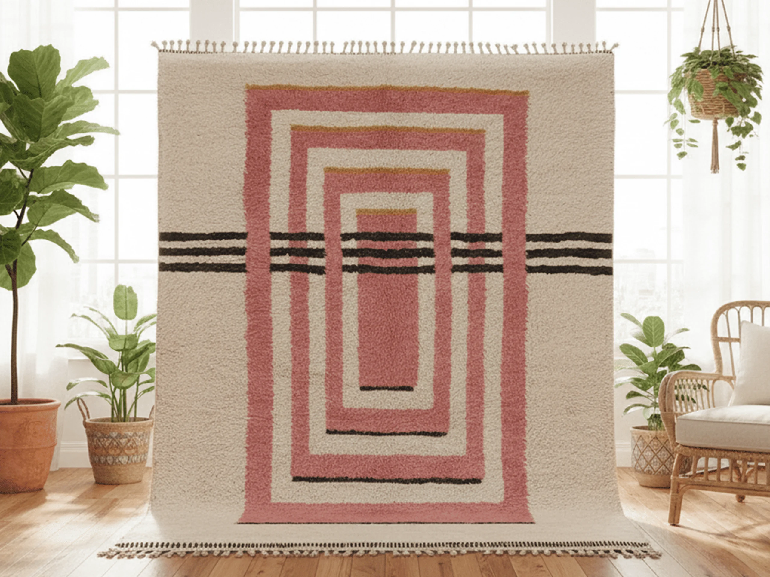Pink and ivory Moroccan wool rug with nested rectangles displayed upright in a bright room with plants.