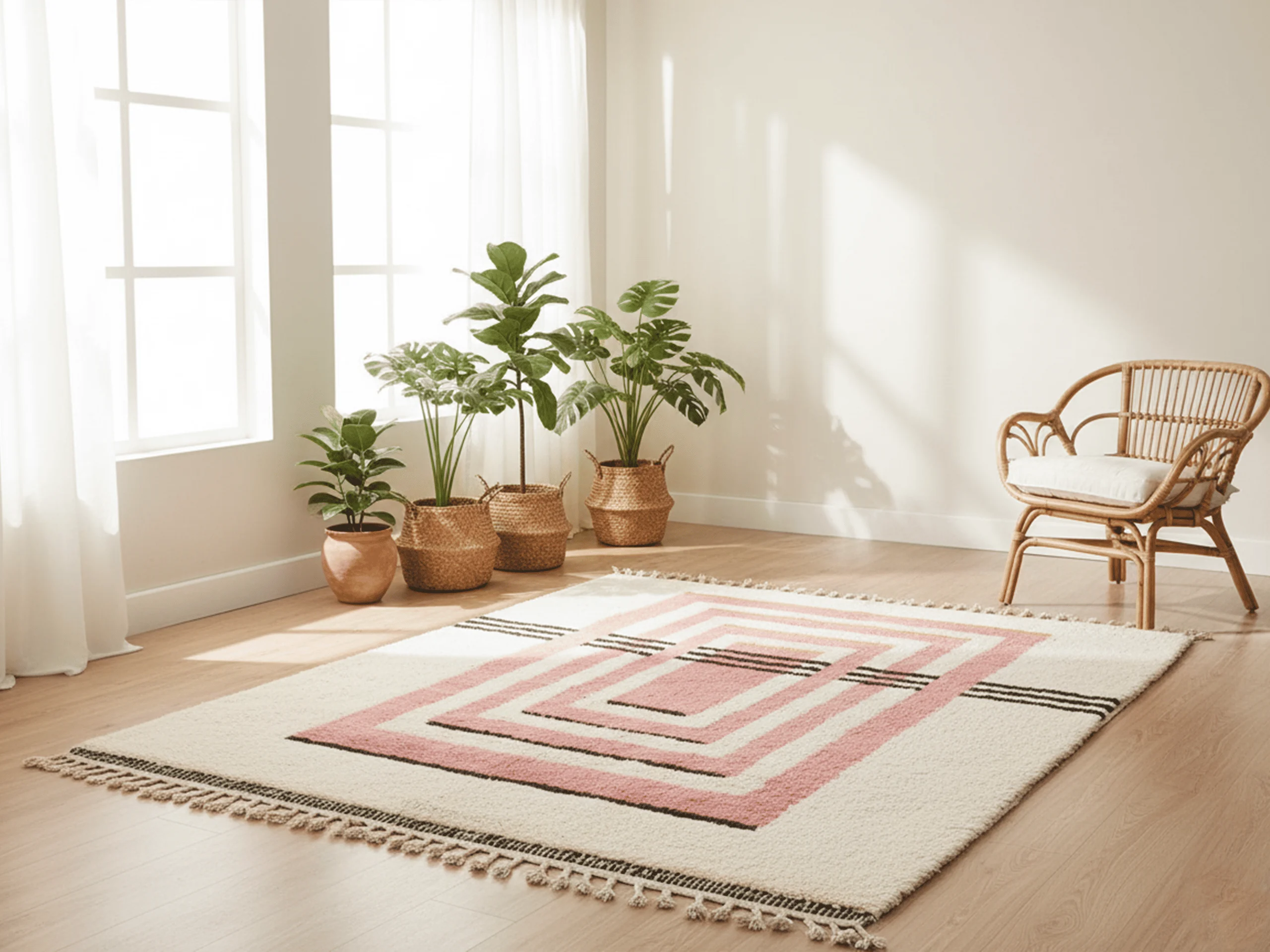 Pink and ivory nested-rectangle wool rug laid flat in a sunlit room with a rattan chair.