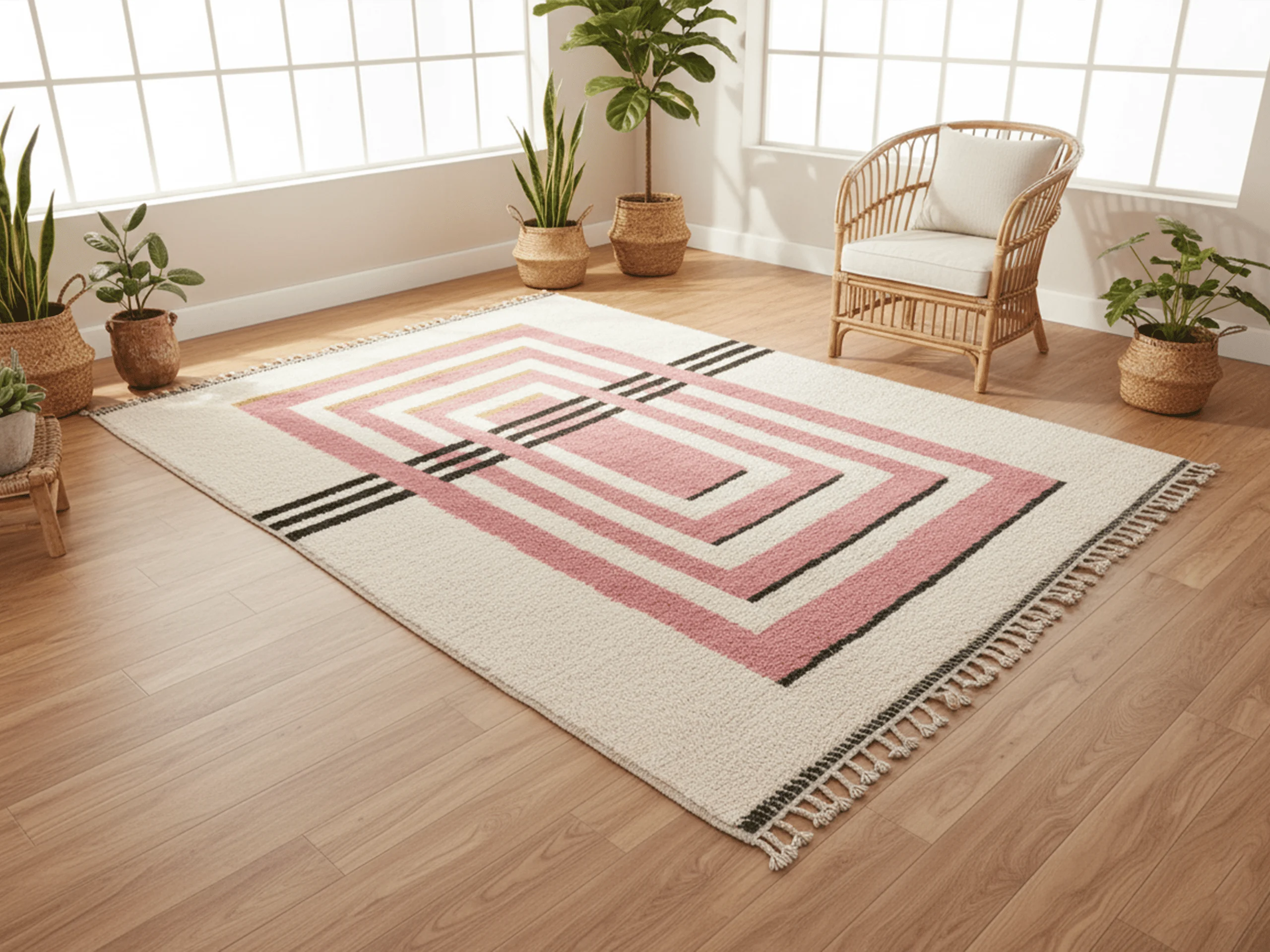 Angled view of a pink and ivory Moroccan wool rug with black stripes on a wood floor.