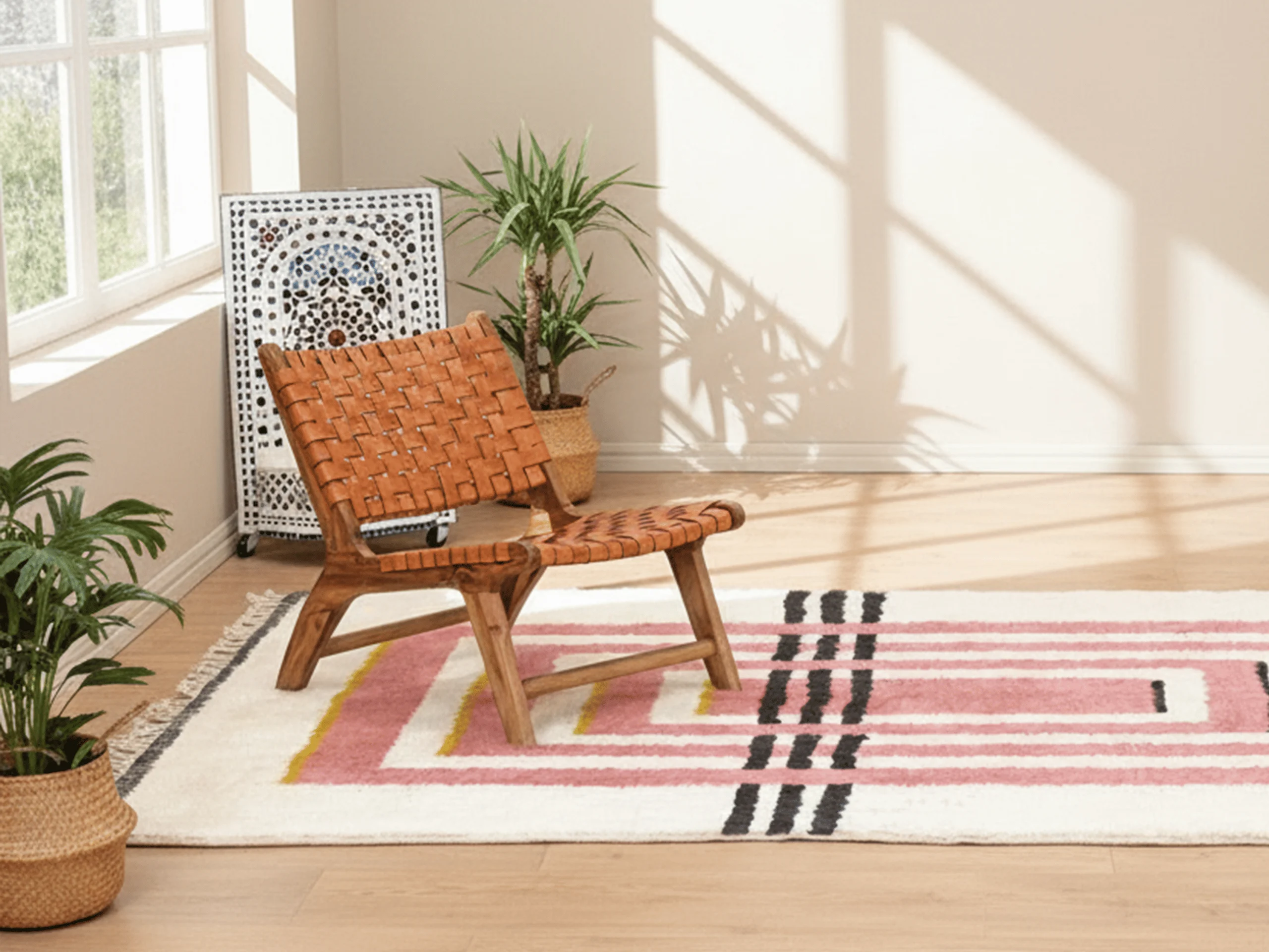 Woven leather lounge chair on a pink and ivory Moroccan wool rug with black stripes.