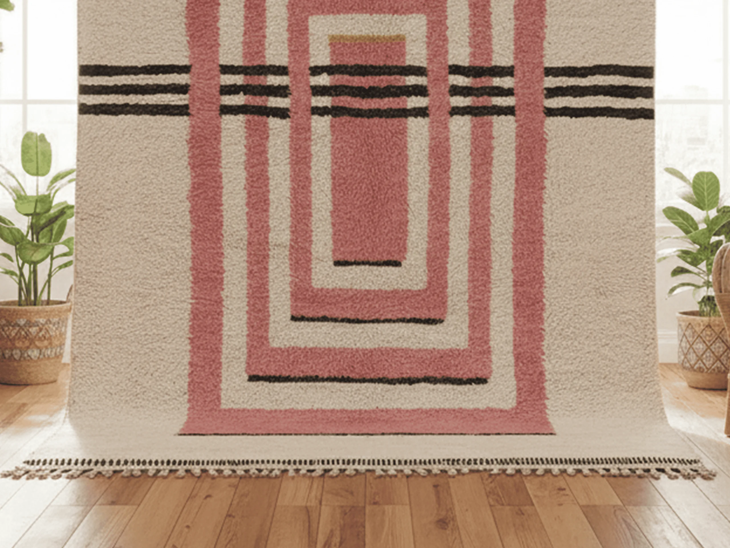 Close upright view of dusty pink nested rectangles and black stripes on an ivory wool rug.