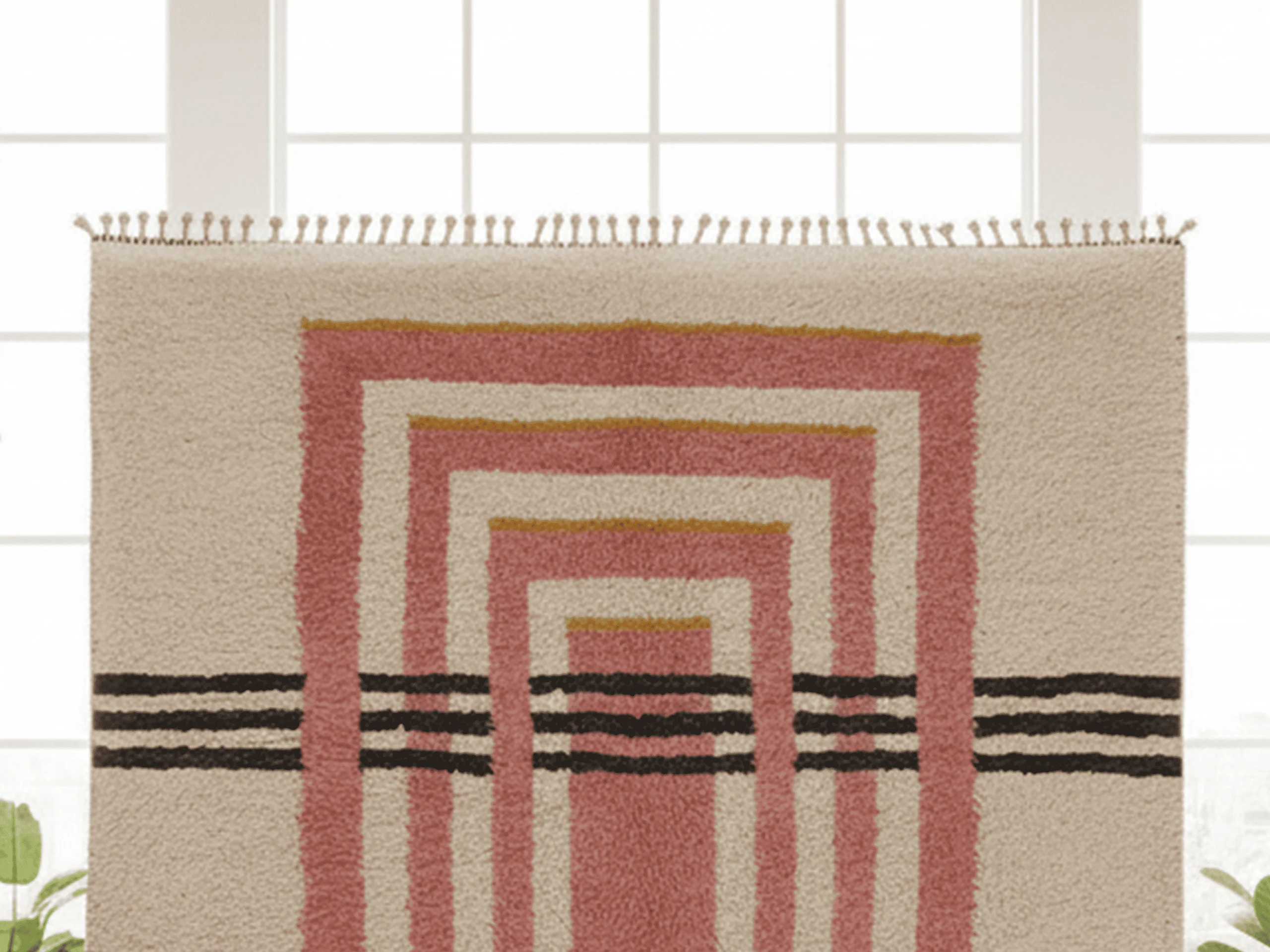 Detail of dusty pink rectangular frames, fine mustard yellow accents and black horizontal stripes on an ivory wool rug.