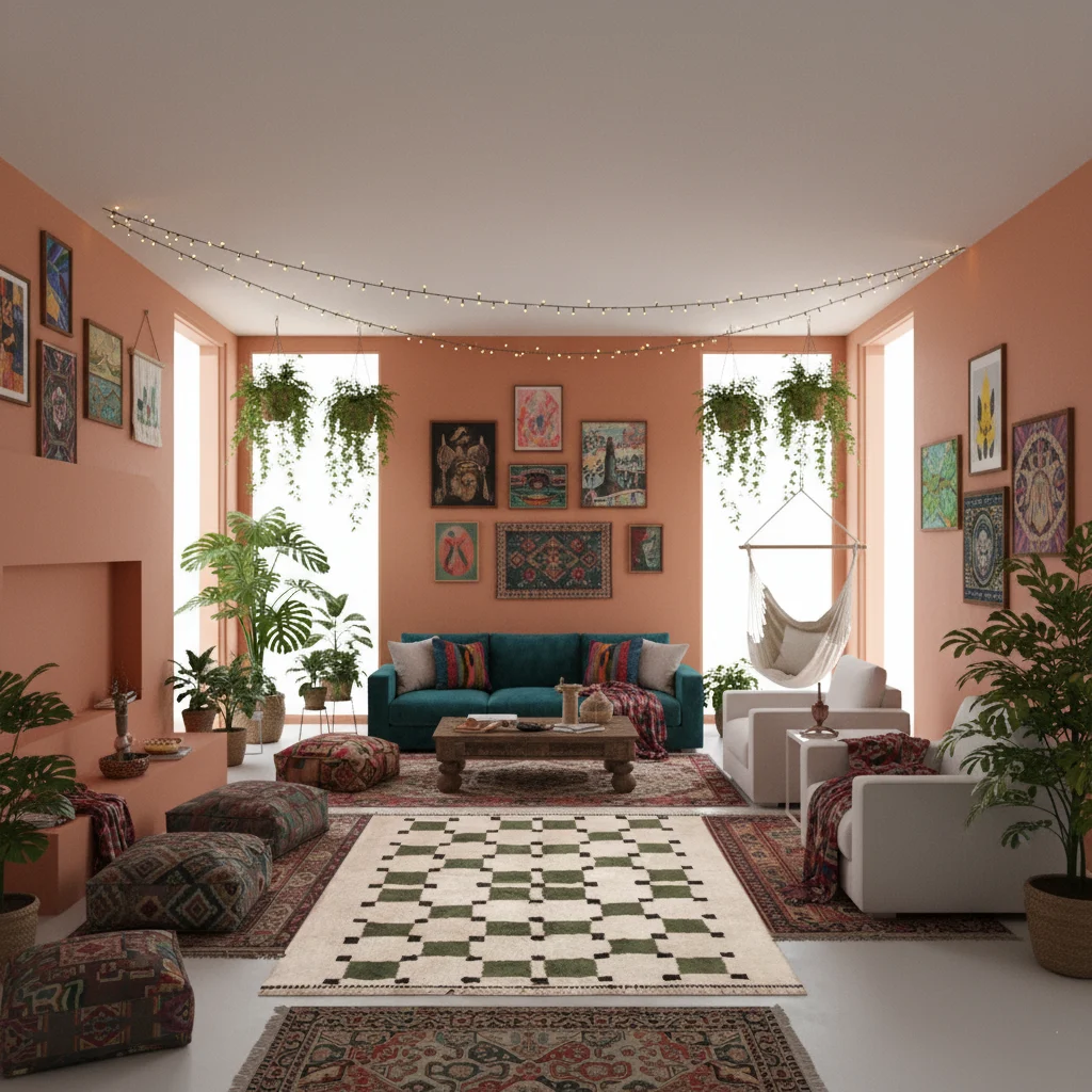 Olive green and ivory squares rug in a terracotta living room with a gallery wall and floor cushions.