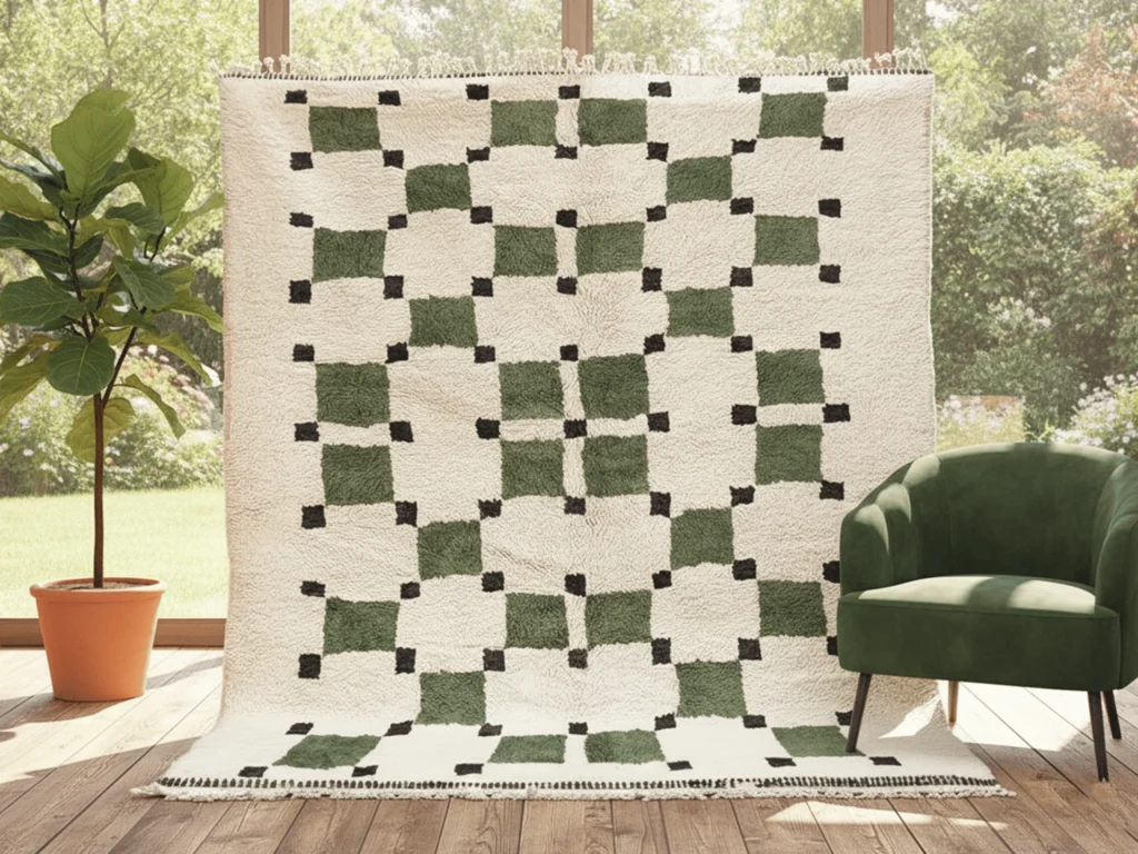 Beni Ourain Style Wool Rug – Olive Green & Ivory Squares