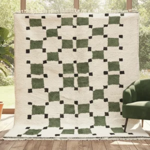 Beni Ourain Style Wool Rug – Olive Green & Ivory Squares