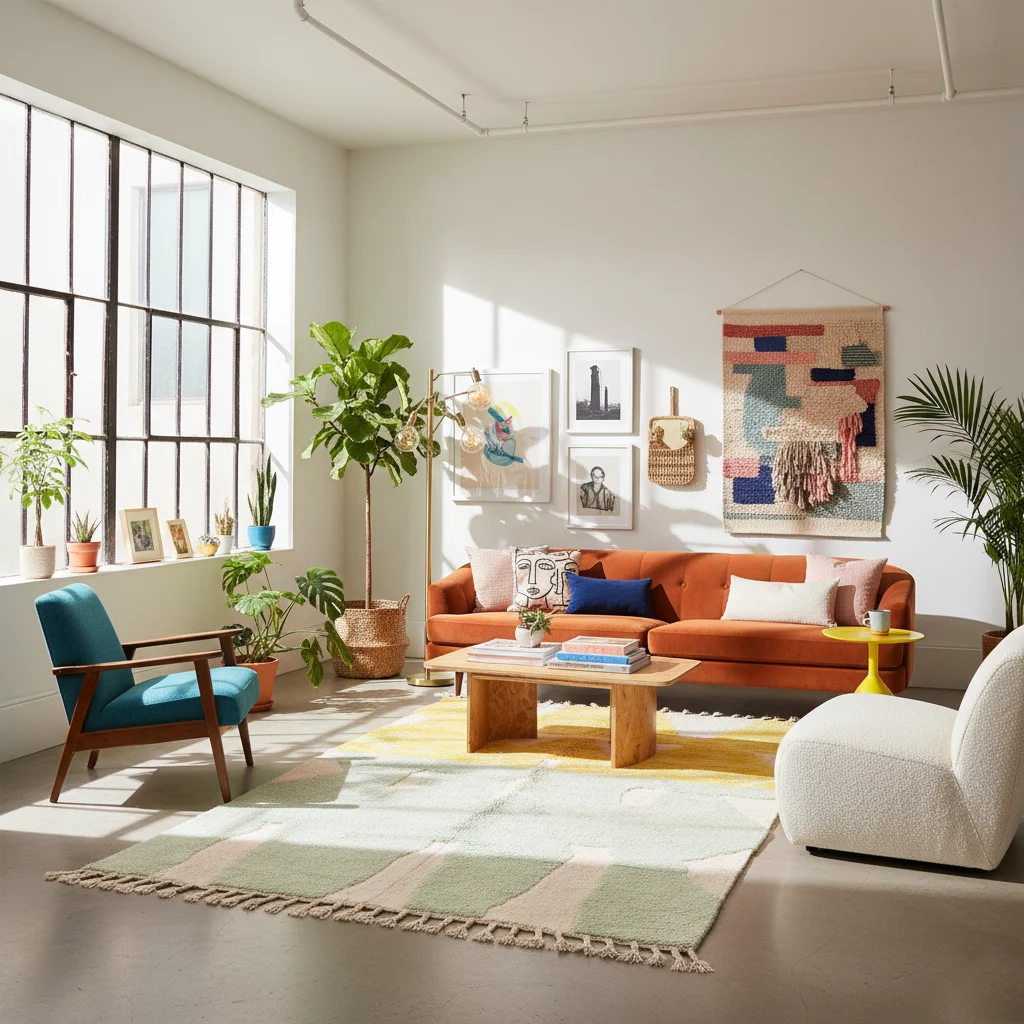 Sage green and yellow color block rug in a bright eclectic living room with an orange sofa and plants.