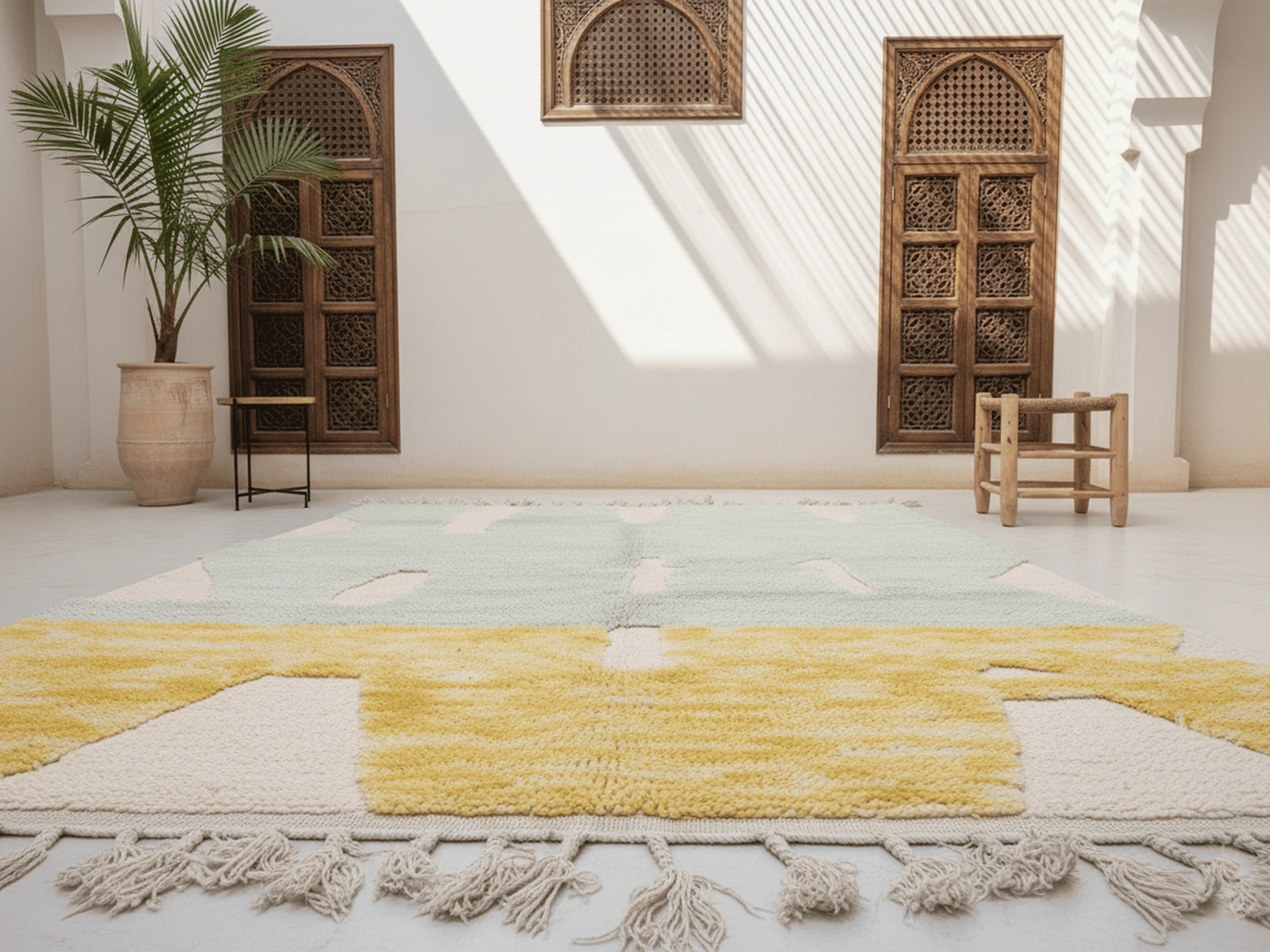Low angle view of the yellow and sage green wool rug with knotted ivory fringe in a sunlit Moroccan room.