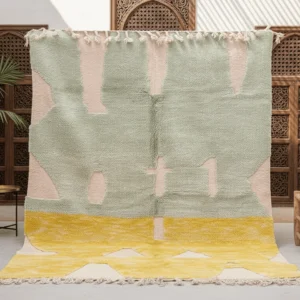 Sage Green & Yellow Moroccan Wool Rug – Abstract Color Blocks