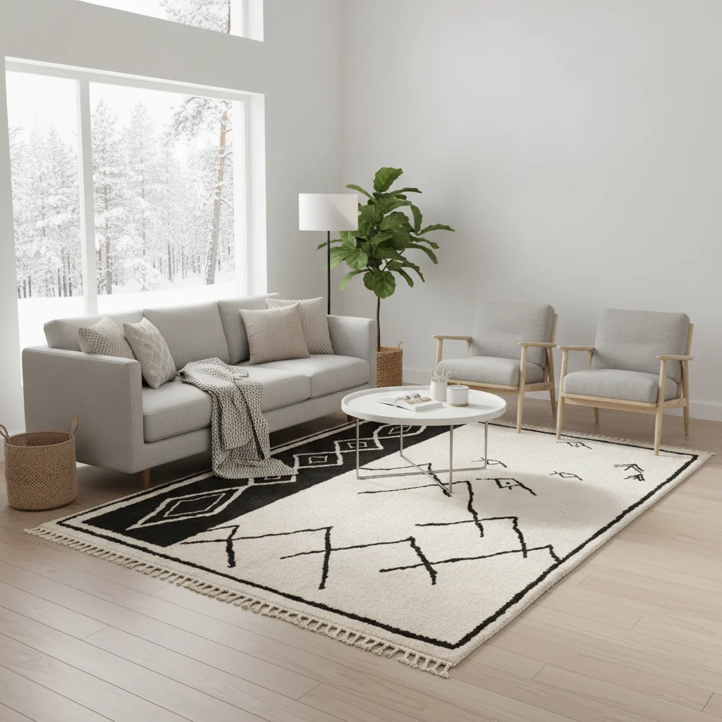 Ivory and black geometric wool rug in a minimalist gray living room with a floor lamp and plant.