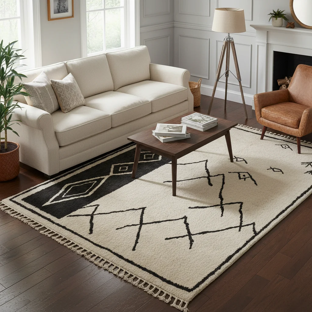 Ivory and black geometric Moroccan rug in a living room with a cream sofa and dark wood floor.