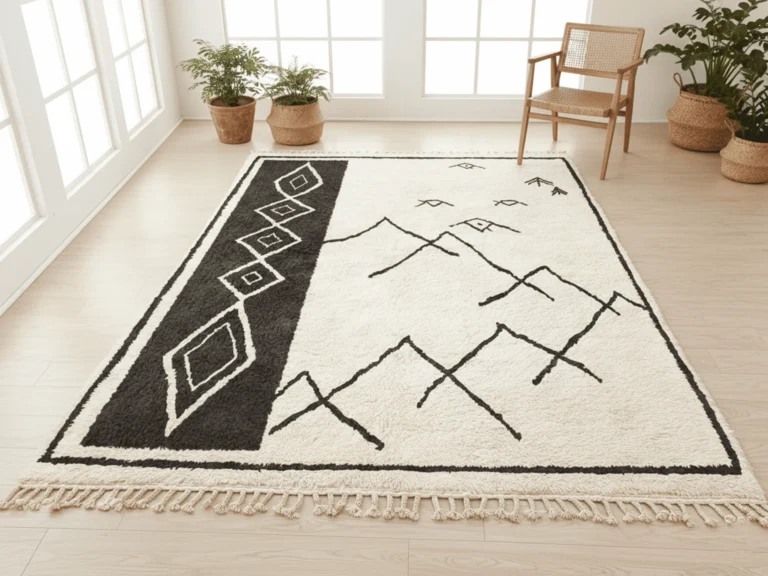 Ivory and black Beni Ourain style wool rug with a diamond side panel and angular lines on a light wood floor in a bright room.