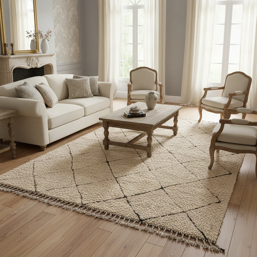 Cream diamond lattice rug under a wood coffee table in a classic living room with a white sofa.