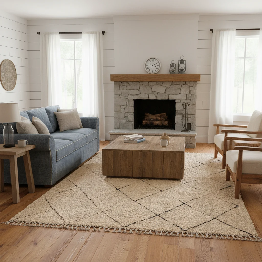 Cream and black diamond wool rug in a farmhouse living room with a blue sofa and stone fireplace.