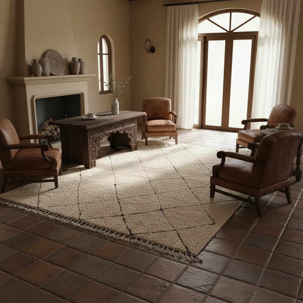 Beni Ourain style cream rug on terracotta tiles in a Mediterranean living room with leather armchairs.