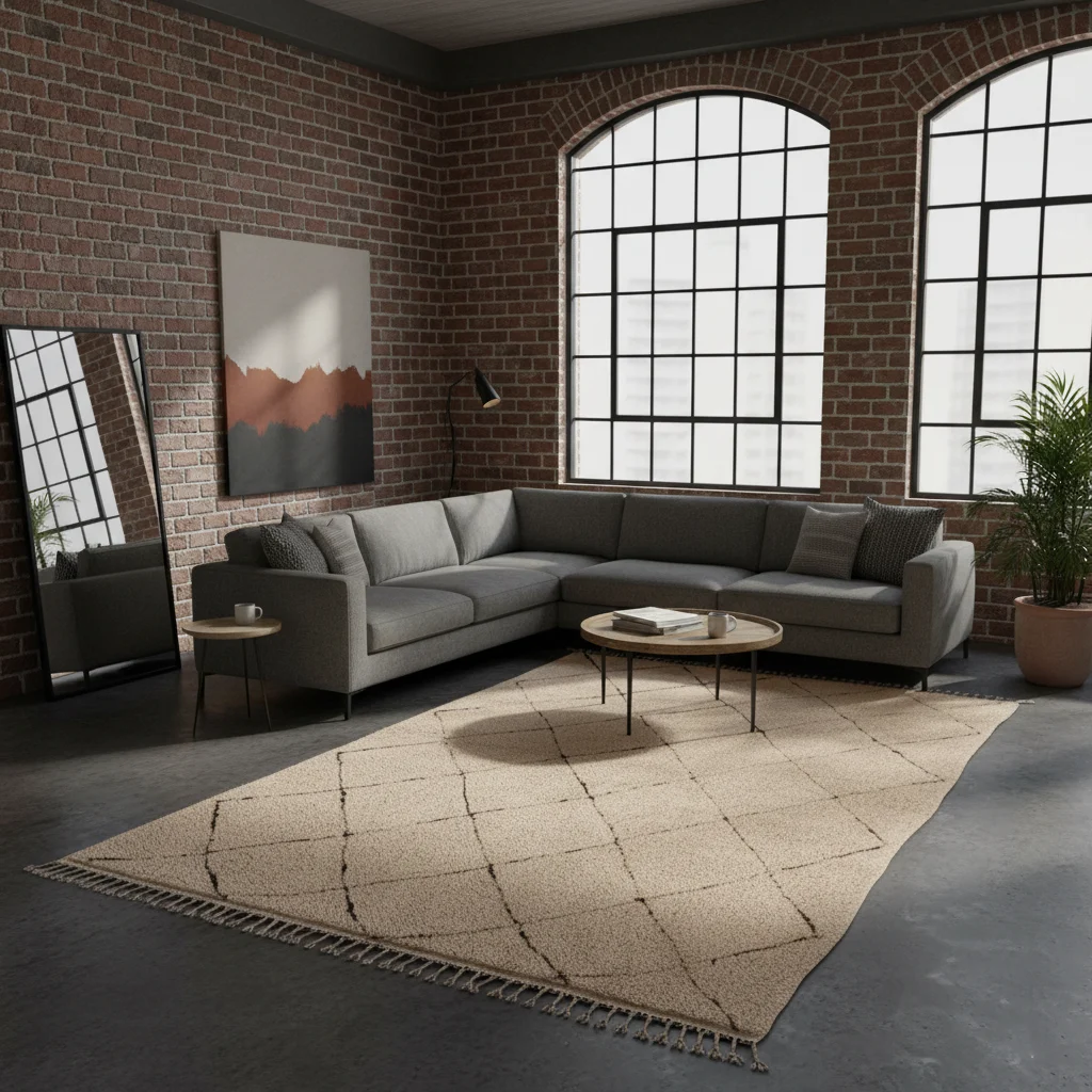 Cream diamond pattern wool rug in an industrial loft with brick walls and a gray sectional sofa.