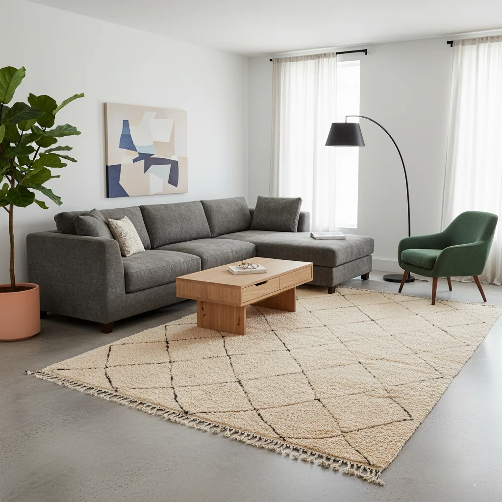 Cream and black diamond rug in a minimalist living room with a gray sofa and green armchair.