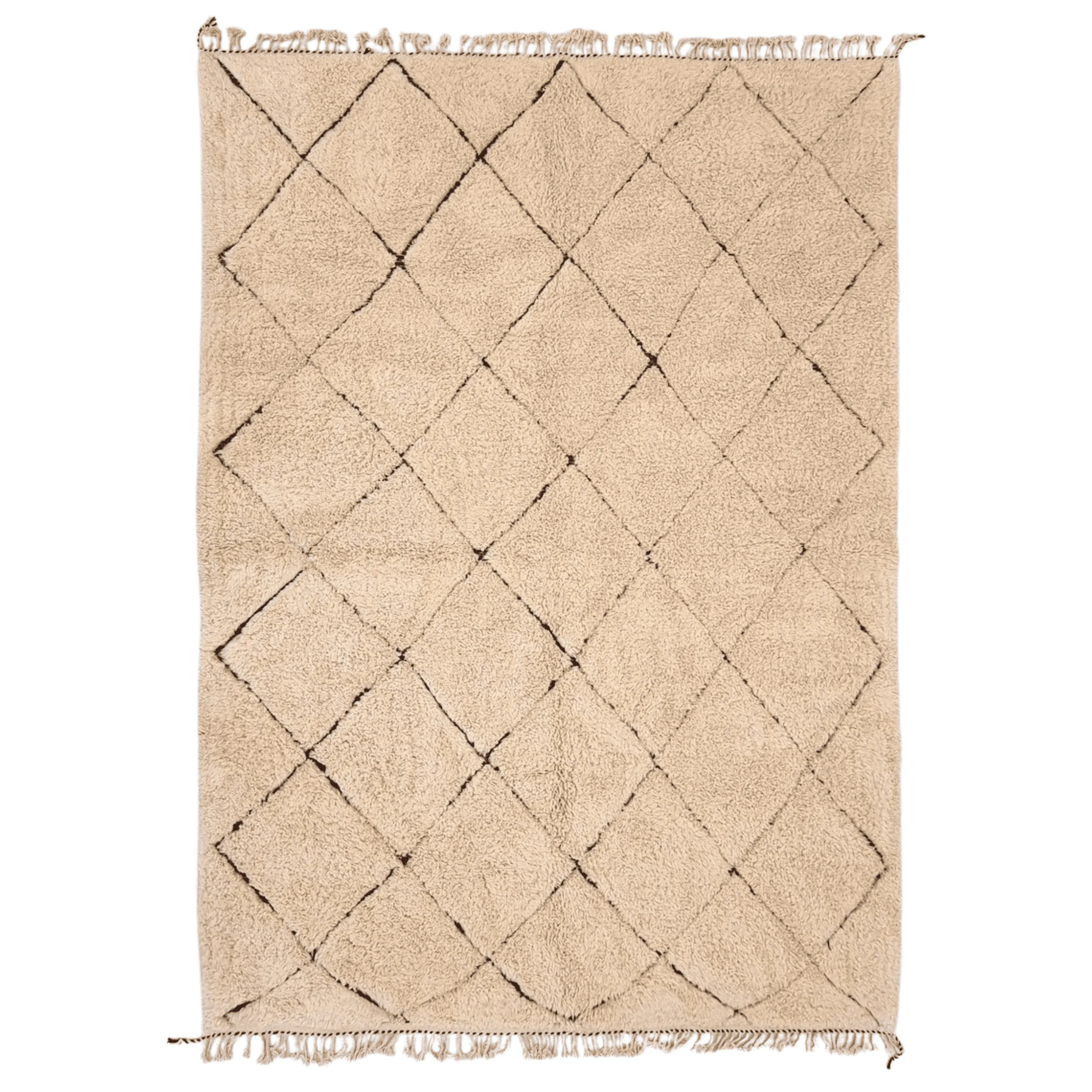 Full view of a creamy beige Moroccan wool rug with fine black diamond lattice lines, shaggy pile and cream fringe at both ends.