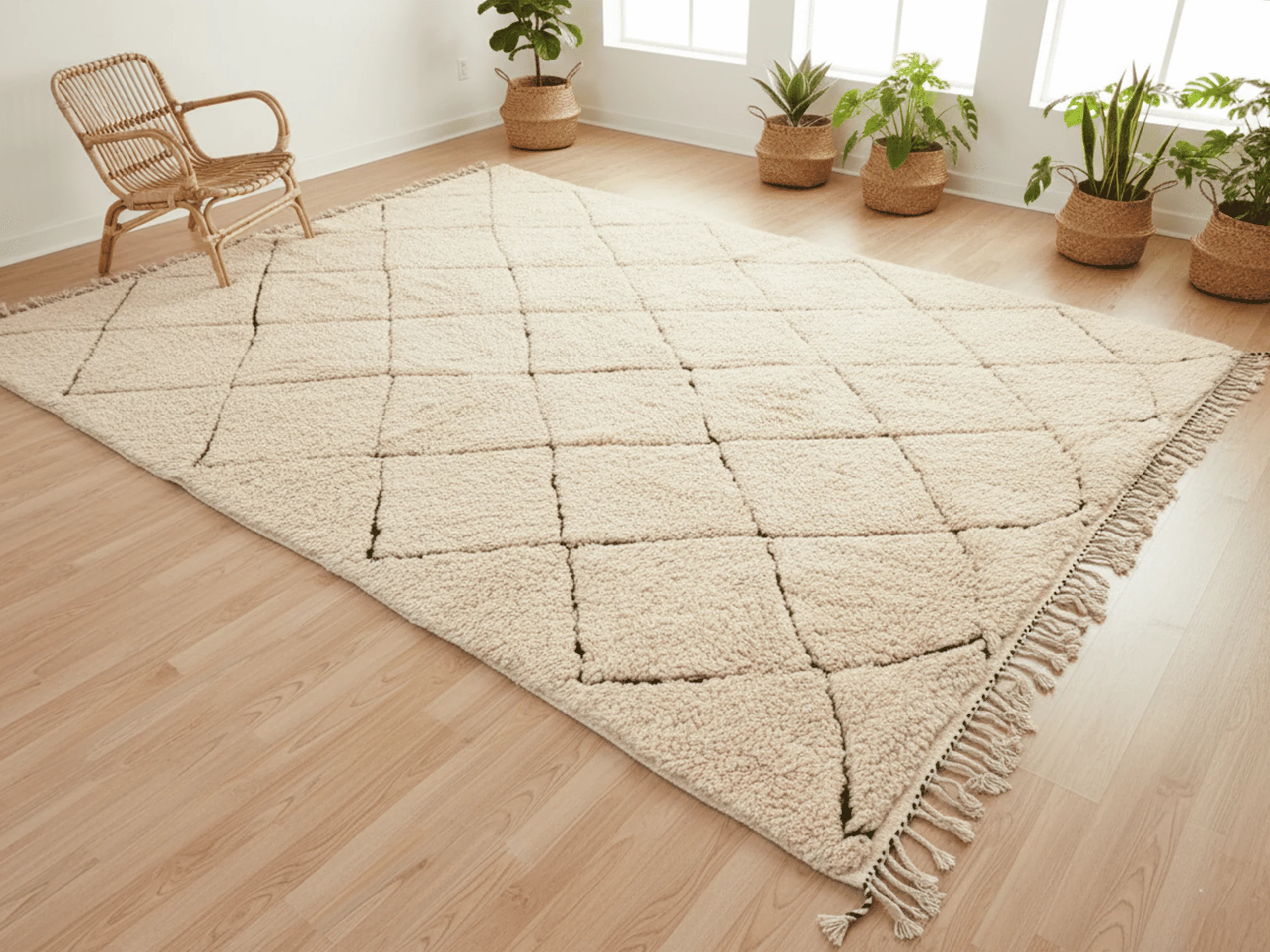 Cream diamond lattice wool rug laid diagonally on a light wood floor in a sunlit room with plants and a rattan chair.