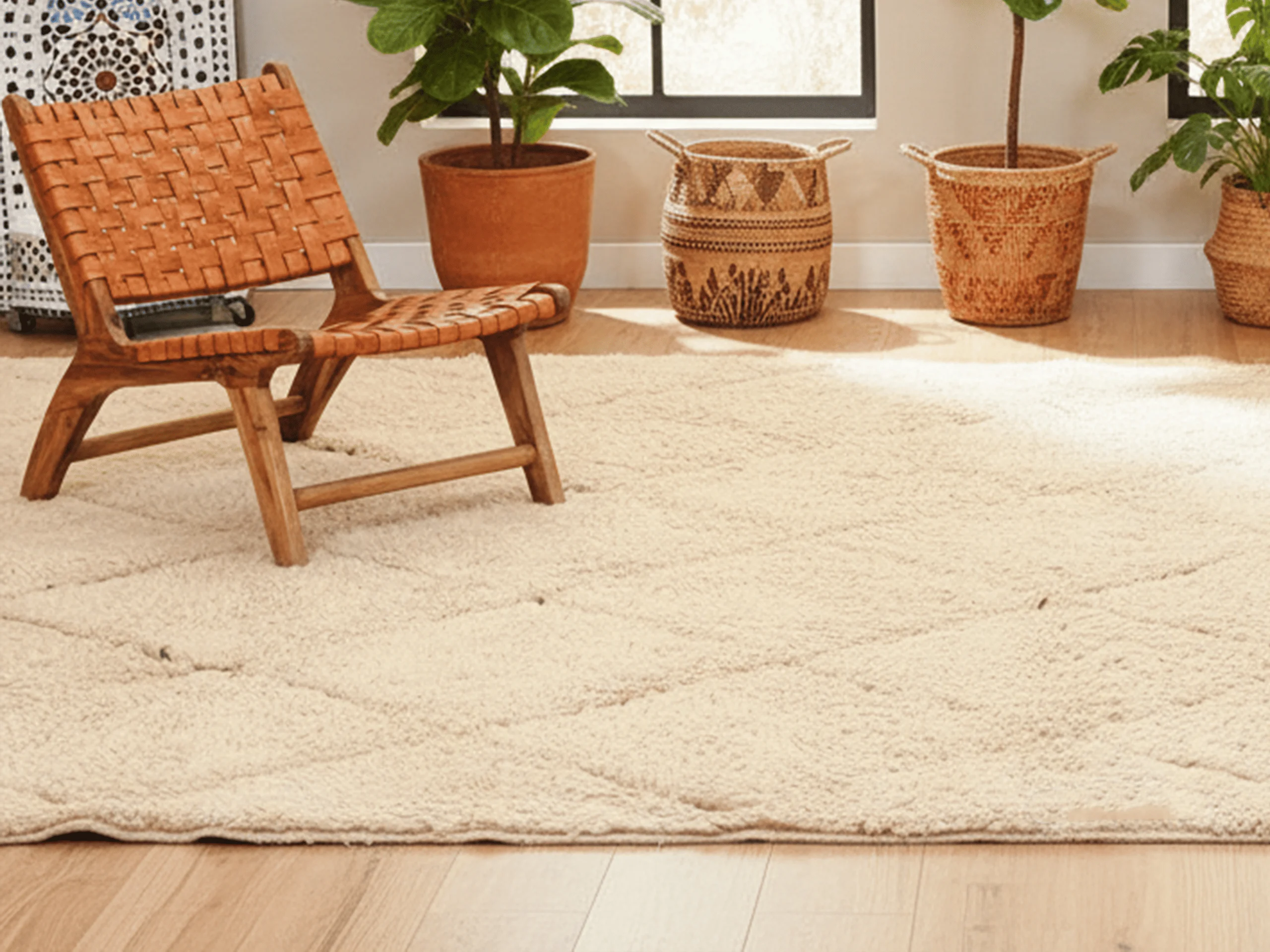 Shaggy cream wool rug with faint black diamond lines beneath a woven leather chair and terracotta planters.