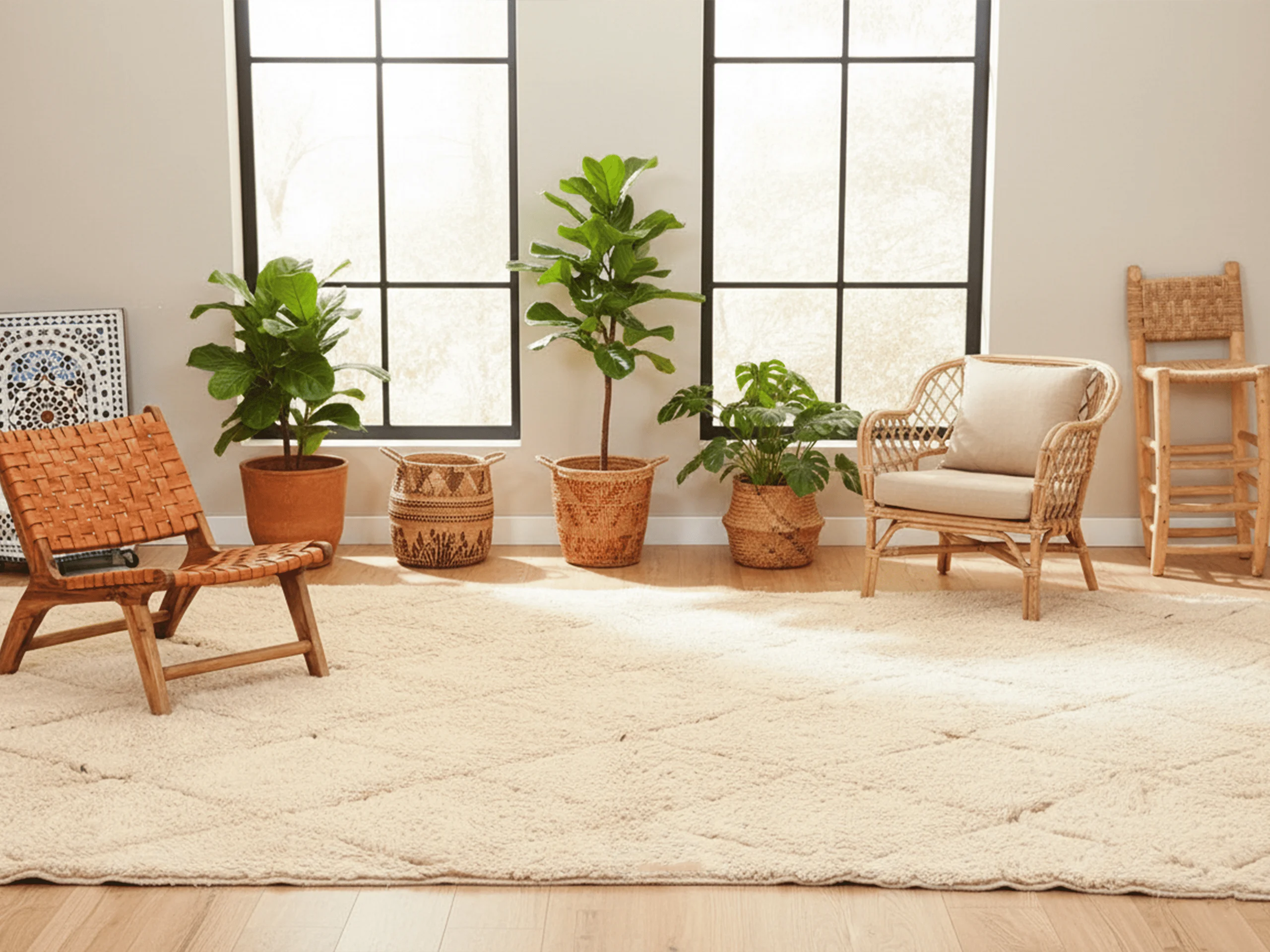 Cream and black diamond Moroccan rug in a bright room with tall windows, a leather chair and potted plants.