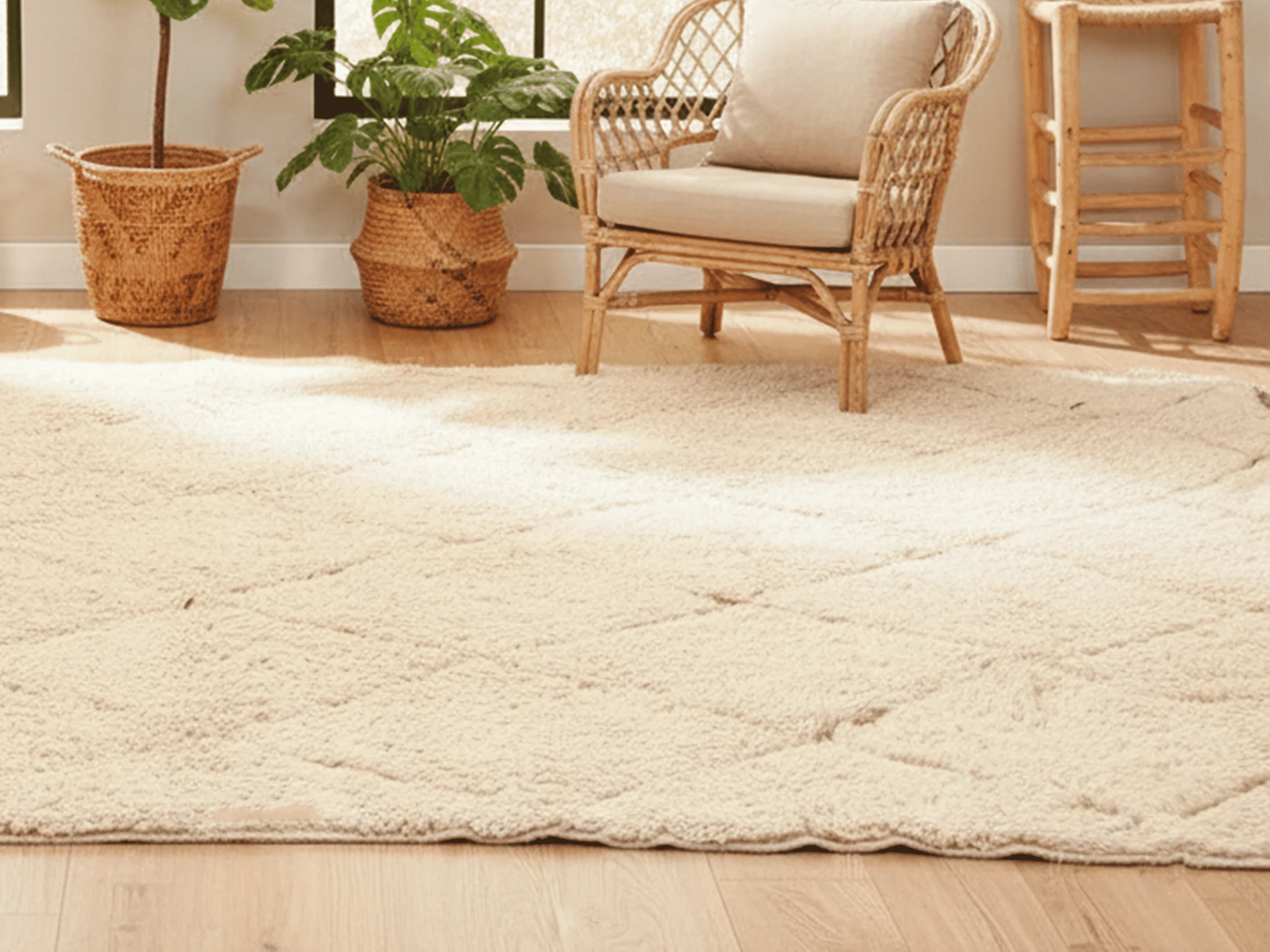 Plush cream wool rug with black diamond lines beside a cushioned rattan armchair and plants.