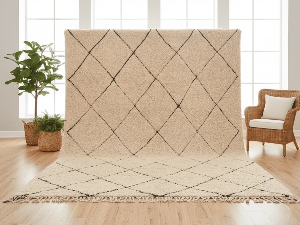 Beni Ourain Style Moroccan Wool Rug – Cream & Black Diamond Grid